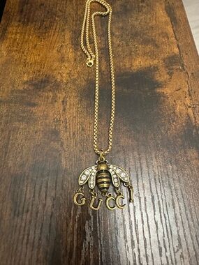 Gucci Gold-Tone Bee Necklace with Crystal Wings and Letter Charms